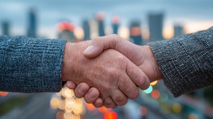 Two older men shaking hands with city skyline – ideal for partnership, business trust or senior entrepreneur stories