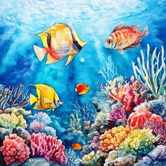 Watercolor ocean reef with colorful fish and coral textures © zen