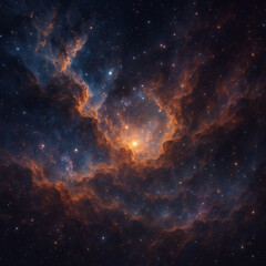 Fototapeta premium A high-resolution 8K digital photograph showcases a stunning cosmic nebula with swirling clouds of interstellar gas and dust in vibrant shades of orange, blue, red, and purple.