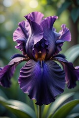 A close up shot of a gorgeous purple iris blooming in a garden setting.