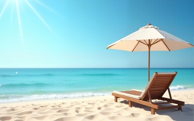 Landscape summer vacation holiday travel ocean sea beach background banner panorama - Wooden sun loungers, lounge chair and parasol on the sand, blue sky and sunshine (Generative Ai). High quality