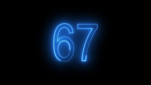 Abstract Glowing Neon Text 67 Number Countdown Icon. Glowing Blue Neon Countdown Timer Number Video 4K Animation.
