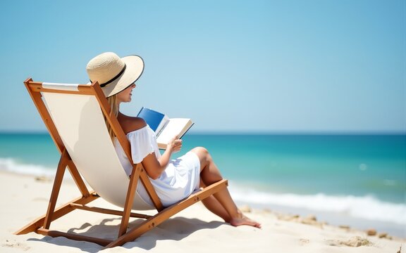 Summer holidays on the Baltic Sea. Woman of European beauty in white tunic and beige hat reading book sitting on deckchair on beach with white sand on beautiful sunny day. Relaxing on beach