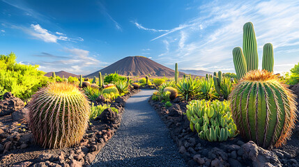 Travel concept. Amazing view of tropical cactus garden (Jardin de Cactus) in Guatiza village. Location Lanzarote, Canary Islands, Spain. Artistic picture. Beauty world