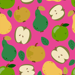 Juicy fruits cute vector seamless pattern on a pink background. Green apple and yellow pear. Summer texture for prints, textile, fabrics and wallpaper