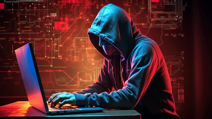 Hooded figure hacking on a laptop in a cybercrime scene with digital effects - Powered by Adobe