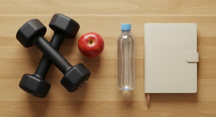 Healthy lifestyle layout, dumbbells, apples, water bottles, planner