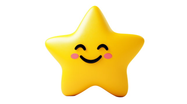 3D star sticker icon with happy face, educational reward concept, white background, PNG