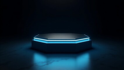 Octagonal pedestal with neon blue lights dark background