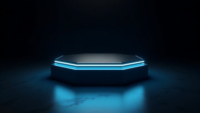 Octagonal pedestal with neon blue lights dark background - Powered by Adobe