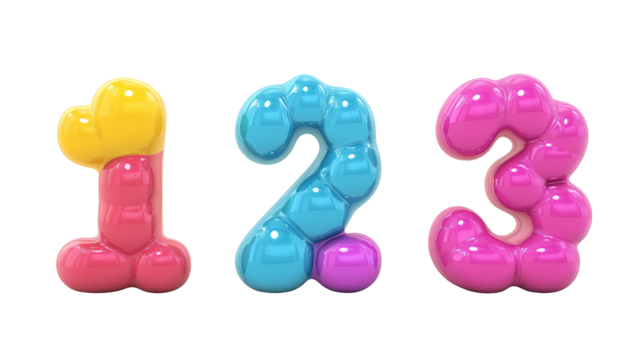 3D numbers 1 2 3 in bubbly shapes, children-friendly style, white background, PNG  - Powered by Adobe