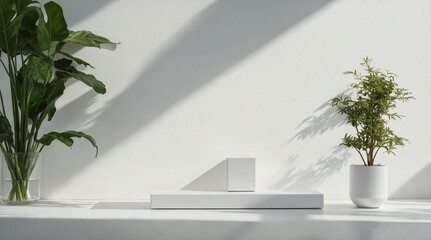 Minimalist White Cube Product Display with Greenery