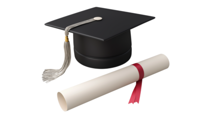 3D graduation cap with diploma, modern educational icon, clean render, PNG