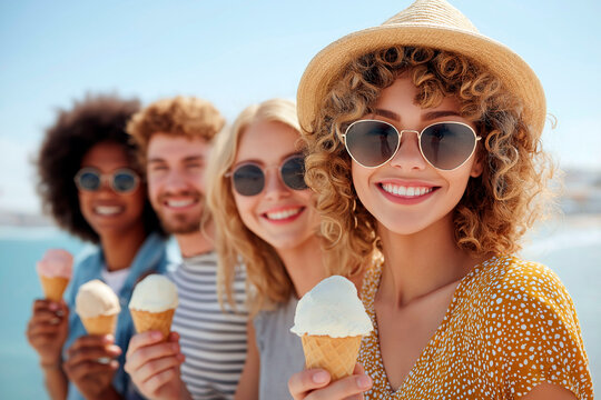 Happy friends eating ice cream on a sunny summer day at the beach, wearing sunglasses and smiling