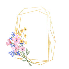 Floral geometric gold frame. Watercolor hand drawing golden border with place for text, with bouquet flowers.	
