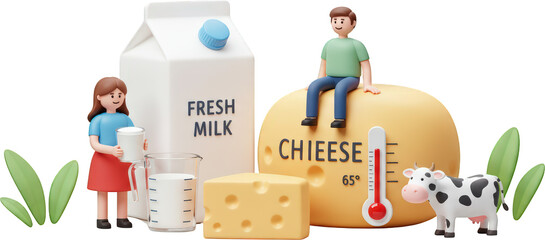 Cartoon characters with milk carton cheese and cow A measuring cup shows milk Thermometer reads 65