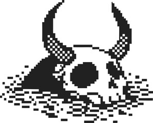 Retro pixel art skull with large horns and scattered debris, black and white nostalgic death fantasy illustration