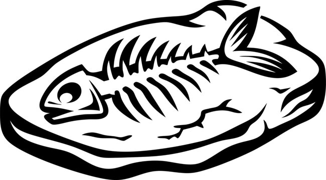 black and white fish fossil on rock clip art preview