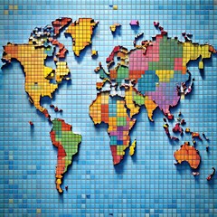 Fototapeta premium Mosaic tile world map artistic tile map mosaic style world map colorful tile map design 