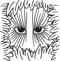 Mysterious eyes peering through dense leaves intrigue, secrecy, hidden face in foliage, line art illustration, black and white