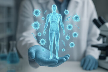 Human immune system hologram with virus and bacteria particles floating above gloved hand in laboratory setting, symbolizing health protection and medical research