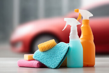 Car cleaning kit with cleaning solutions, brushes, and towels for auto detailing and maintenance, with a blurred car in the background.