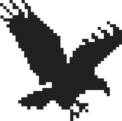 Fototapeta premium Pixelated black bird silhouette with wings spread, retro digital animal icon, isolated on white background