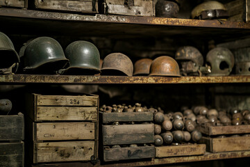 Rustic collection of vintage military helmets and wooden ammunition crates in storage