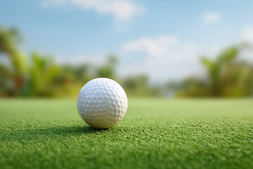 Fototapeta premium Golf ball on green turf with blurred background of a lush green course on a sunny day, with sky and clouds visible in background