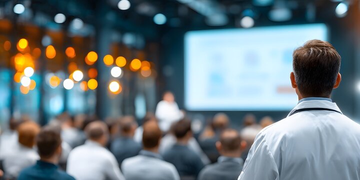 Over-the-shoulder shot of a doctor in a white coat presenting to an audience in a modern, brightly-lit medical seminar conference room.