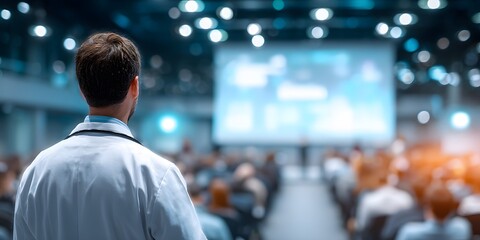 Over-the-shoulder shot of a doctor in a white coat presenting to an audience in a modern, brightly-lit medical seminar conference room.