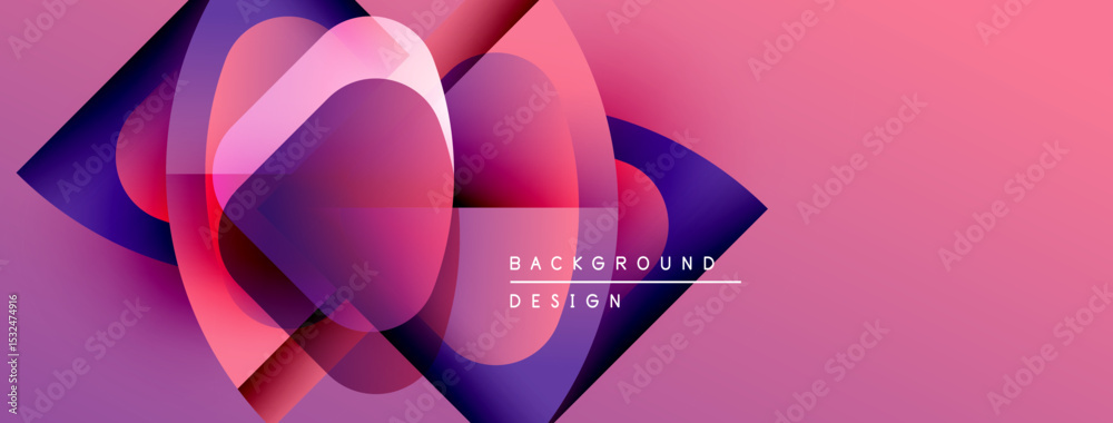 Poster Abstract design features overlapping shapes, vibrant pinks, purples. Gradient colors create dynamic visual effect. Modern, stylish background.
