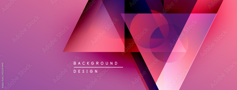 Poster abstract geometric shapes overlap, creating vibrant pink purple gradient. text reads background desi