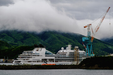 Modern ultra luxury cruise ship cruiseship liner Ocean Fuji in dry dock maintenance modernization...