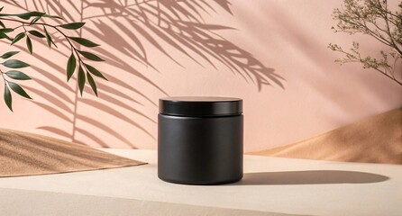 Matte Black Cosmetic Jar on Beige Pedestal Natural Tropical Shadows and Peach Backdrop for Skincare Product Packaging Display Scene