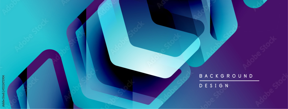 Poster abstract geometric shapes overlap, creating vibrant blue, purple gradients. modern design suggests d