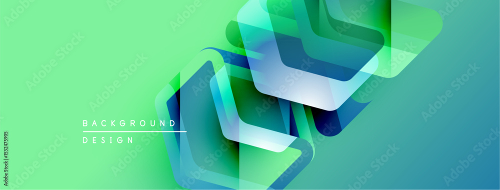 Poster abstract geometric shapes overlap, creating vibrant green, blue gradients. modern design elements su