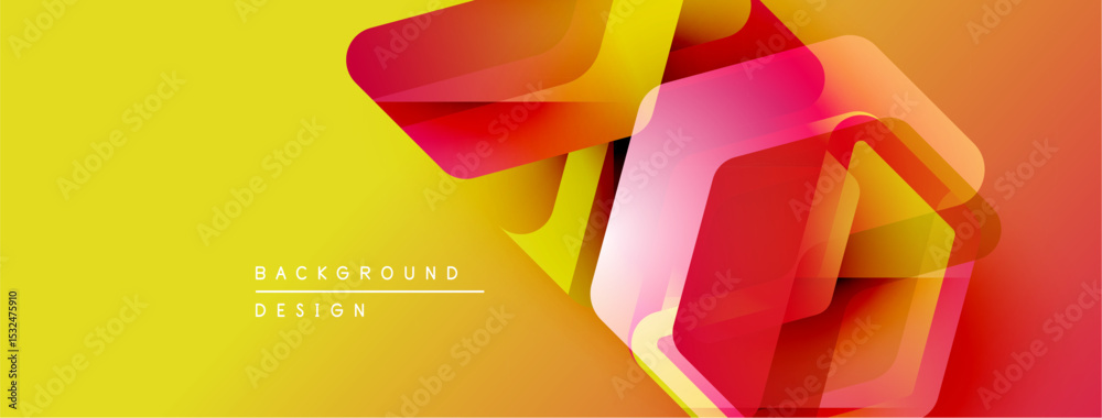 Poster Bright yellow background features overlapping geometric shapes. Red, orange hues create dynamic visual effect. Minimal text present.