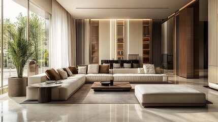 Spacious modern living room with large windows, beige sectional sofa, wooden accents, and natural light highlighting a minimalist, elegant interior design.