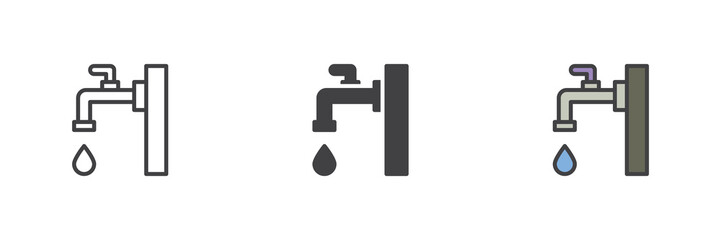 Water faucet icon set in line, solid and filled outline style