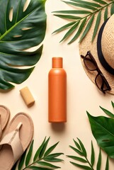 Summer Essentials: A top-down shot showcasing summer travel accessories like sunscreen, straw hat, sunglasses, and sandals arranged amidst tropical green leaves.