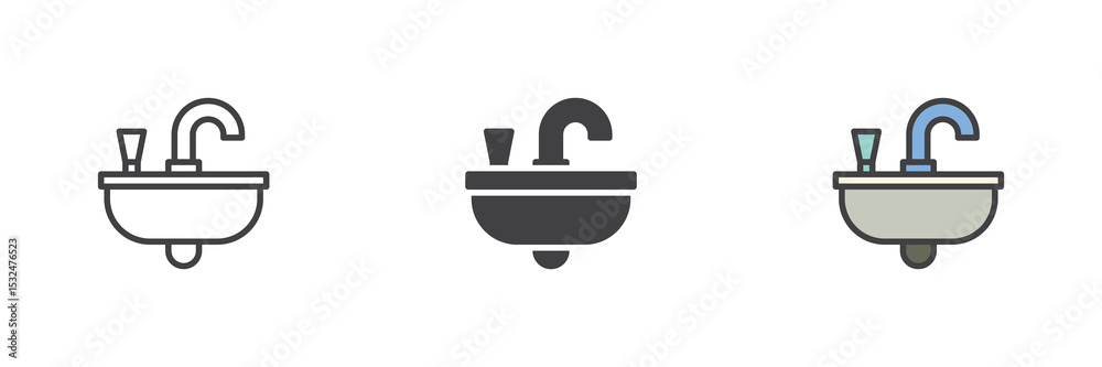 Poster wall-mounted basin icon set in line, solid and filled outline style