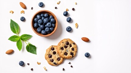 Sweet Blueberry Treats: An enticing overhead shot features a wooden bowl overflowing with fresh, ripe blueberries, alongside delectable chocolate chip cookies and scattered nuts. This composition.