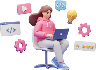 Woman using laptop computer coding gears lightbulb video and rating icons