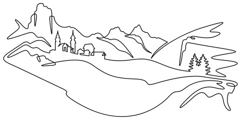 Continuous one line drawing temple in the mountains. Church on a rocky cliff. Religious building against the backdrop of nature. One continuous line isolated minimal illustration.Not AI.