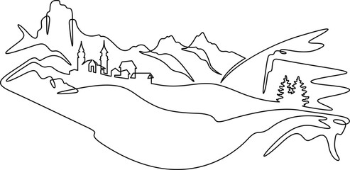 Continuous one line drawing temple in the mountains. Church on a rocky cliff. Religious building against the backdrop of nature. One continuous line isolated minimal illustration.Not AI.