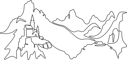 Continuous one line drawing temple in the mountains. Church on a rocky cliff. Religious building against the backdrop of nature. One continuous line isolated minimal illustration.Not AI.