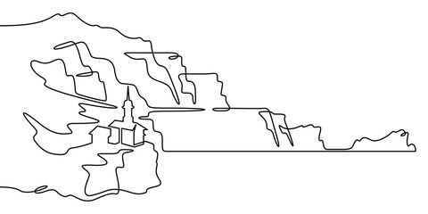 Continuous one line drawing temple in the mountains. Church on a rocky cliff. Religious building against the backdrop of nature. One continuous line isolated minimal illustration.Not AI.