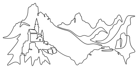 Continuous one line drawing temple in the mountains. Church on a rocky cliff. Religious building against the backdrop of nature. One continuous line isolated minimal illustration.Not AI.