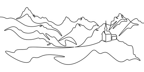 Continuous one line drawing temple in the mountains. Church on a rocky cliff. Religious building against the backdrop of nature. One continuous line isolated minimal illustration.Not AI.